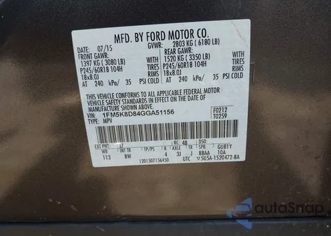 2016 Ford Explorer Xlt из США, поврежденный, VIN 1FM5K8D84GGA51156